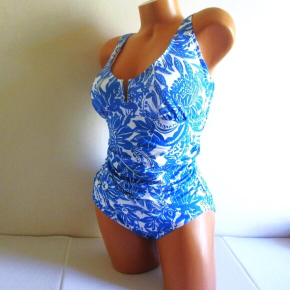 18W Plus Size Anne Cole V-Wire One-Piece Swimsuit Blue White Floral $122 - Picture 1 of 9
